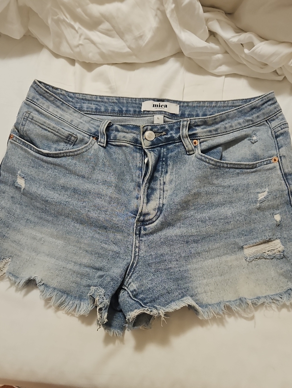 Mica Los Angeles Light Wash Distressed Denim Shorts